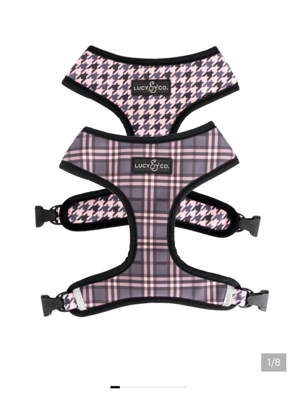 Lucy & Co Blushing Plaid Pink Houndstooth Reversible Harness and Leash Set